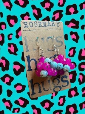 Hot Pink & Light Blue Beaded Cluster Earrings